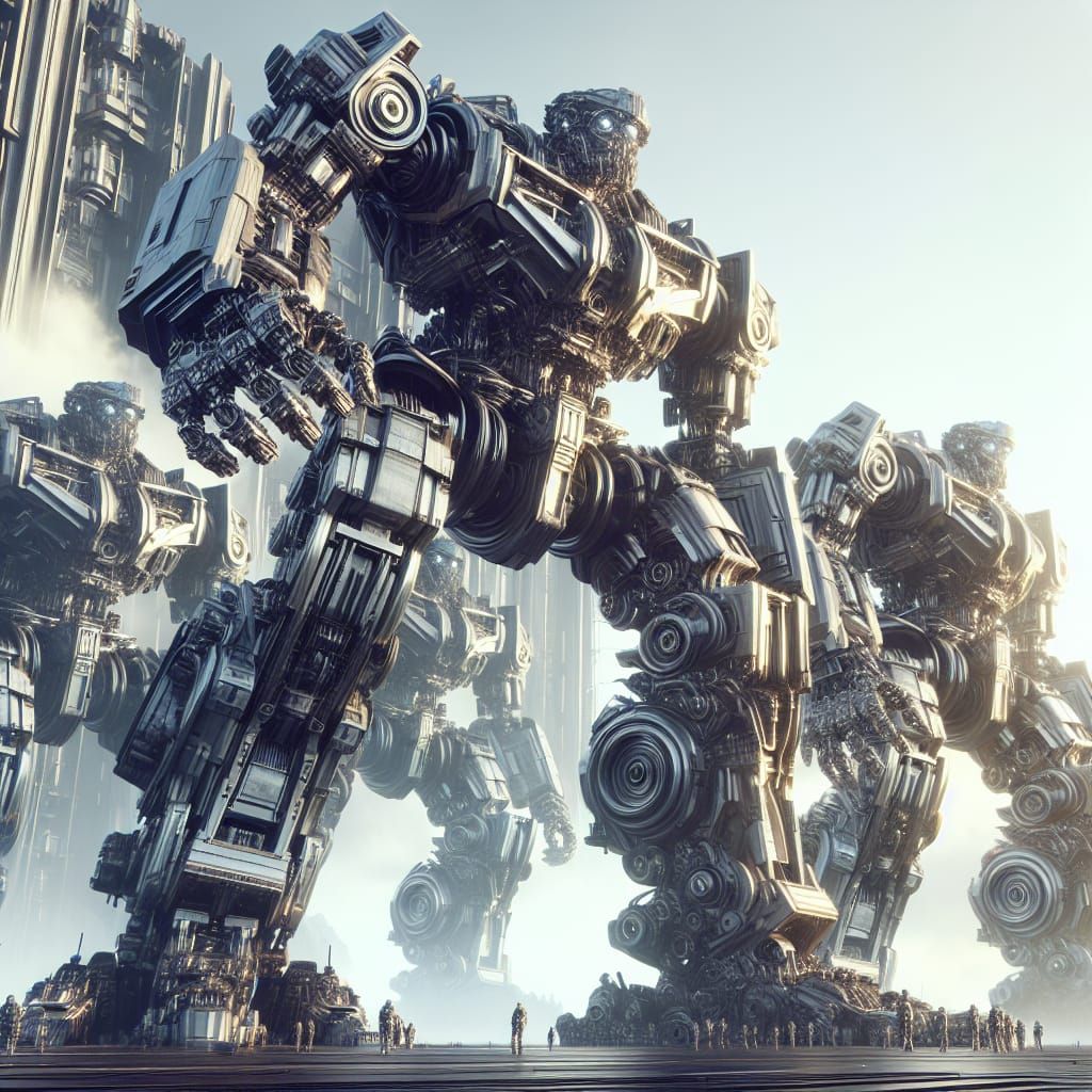 Colossal Polished Metal Robots in 8K Resolution