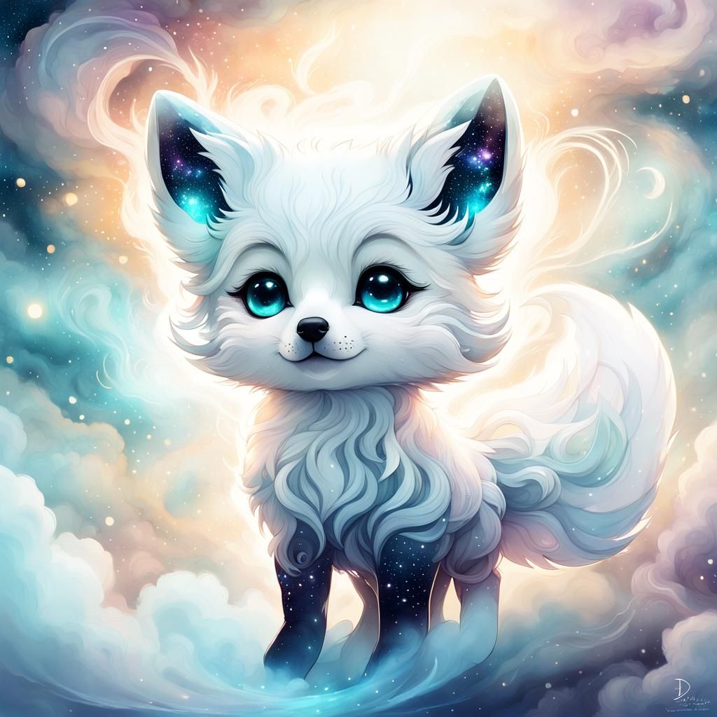 Cute Chibi Fox Pup in Magical Watercolor Style