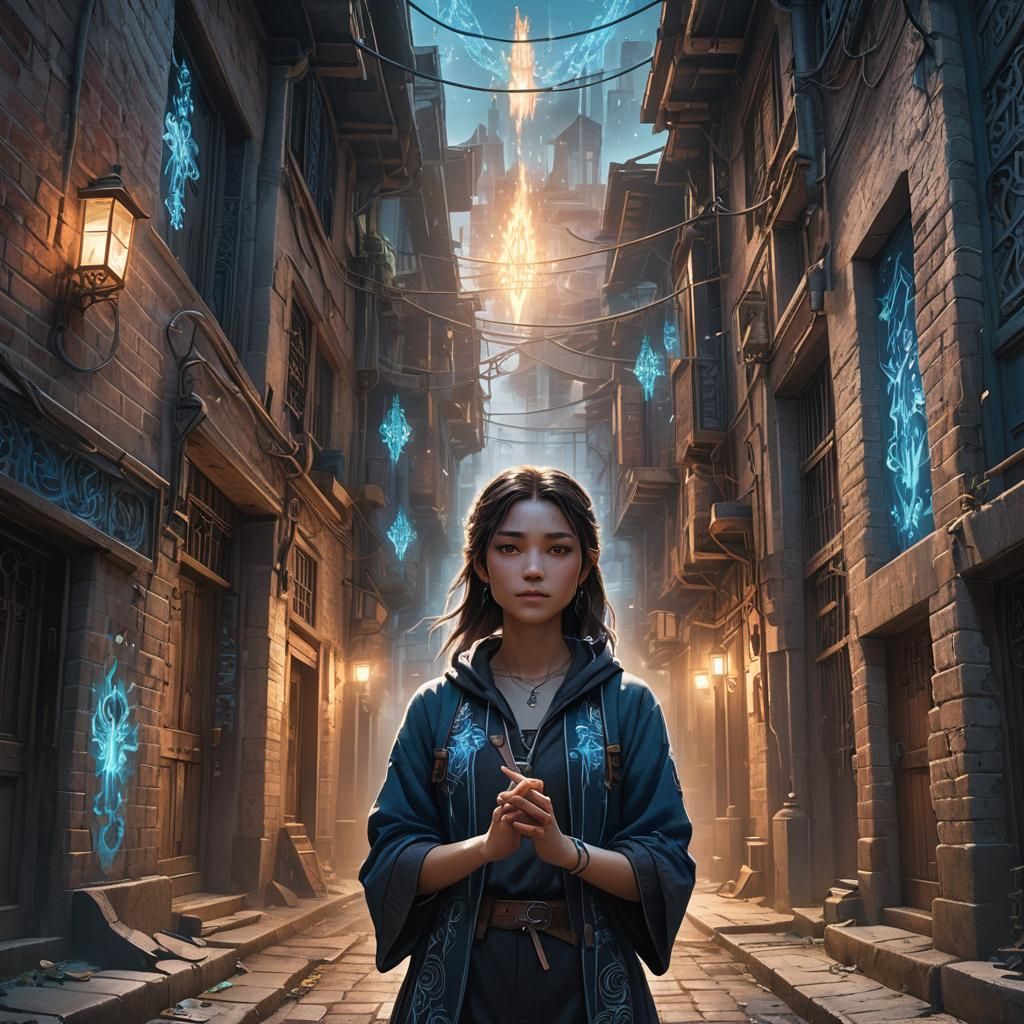 Mystical Girl in Flame-Lit Alleyway