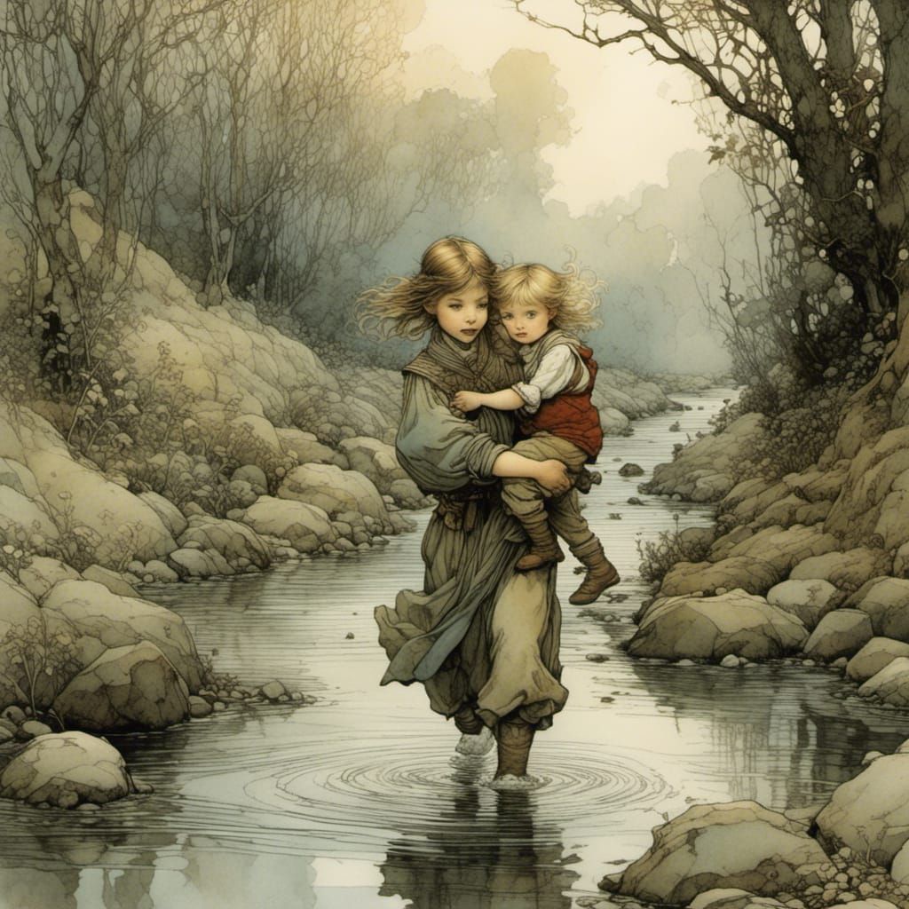 Brother and Sister Crossing Stream, Storybook Illustration