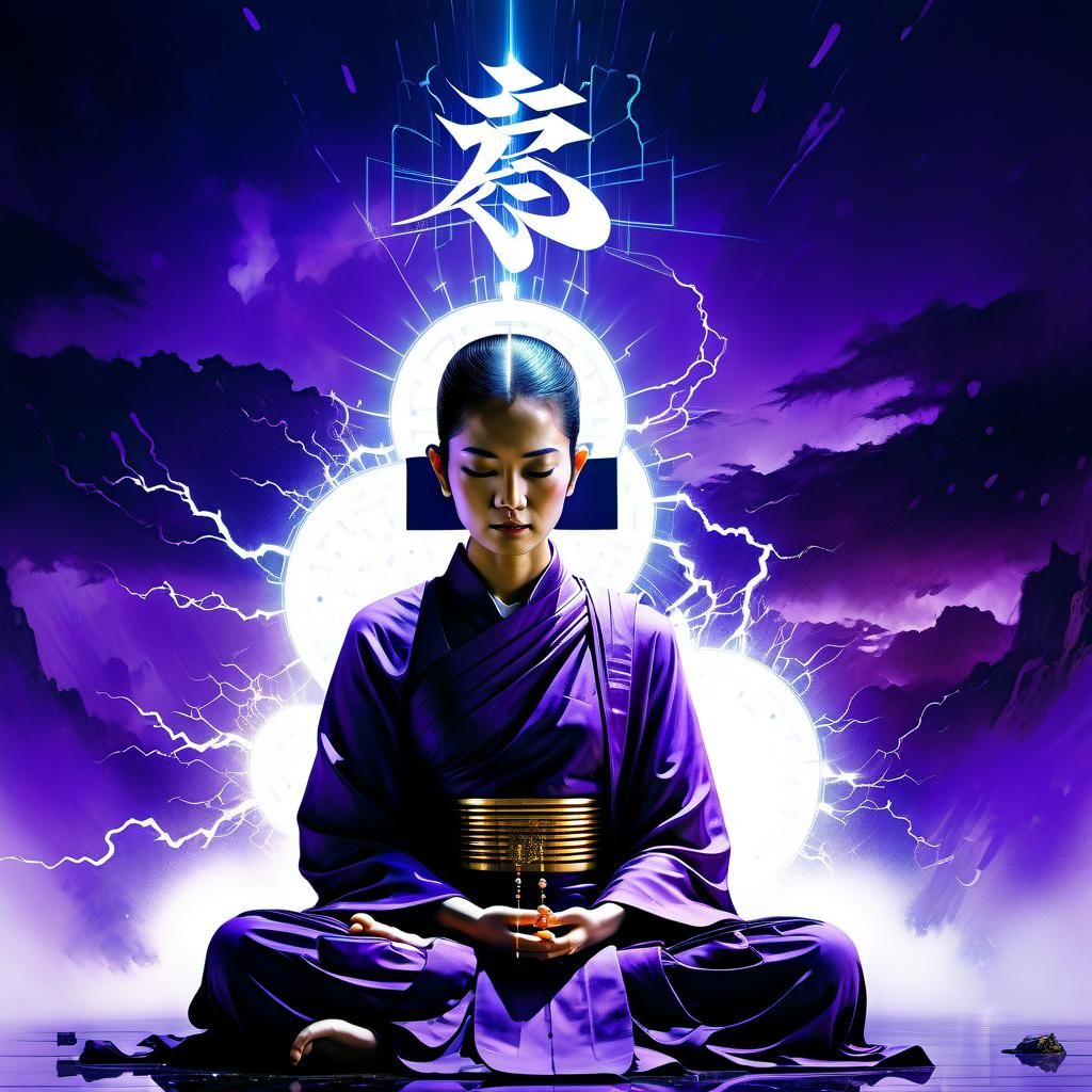 Meditating Monk in Electric Violet Light, Digital Art