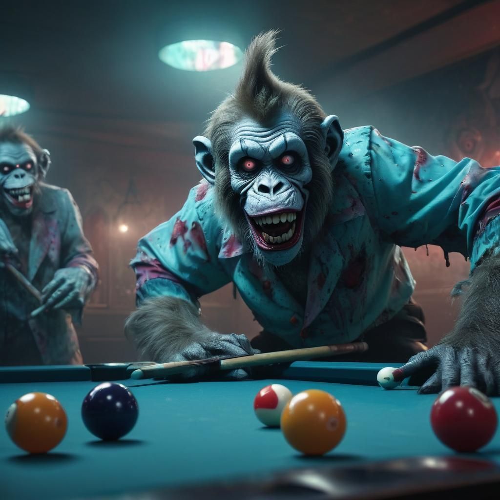 Zombie Monkey Clowns Shooting Pool in Horror Style