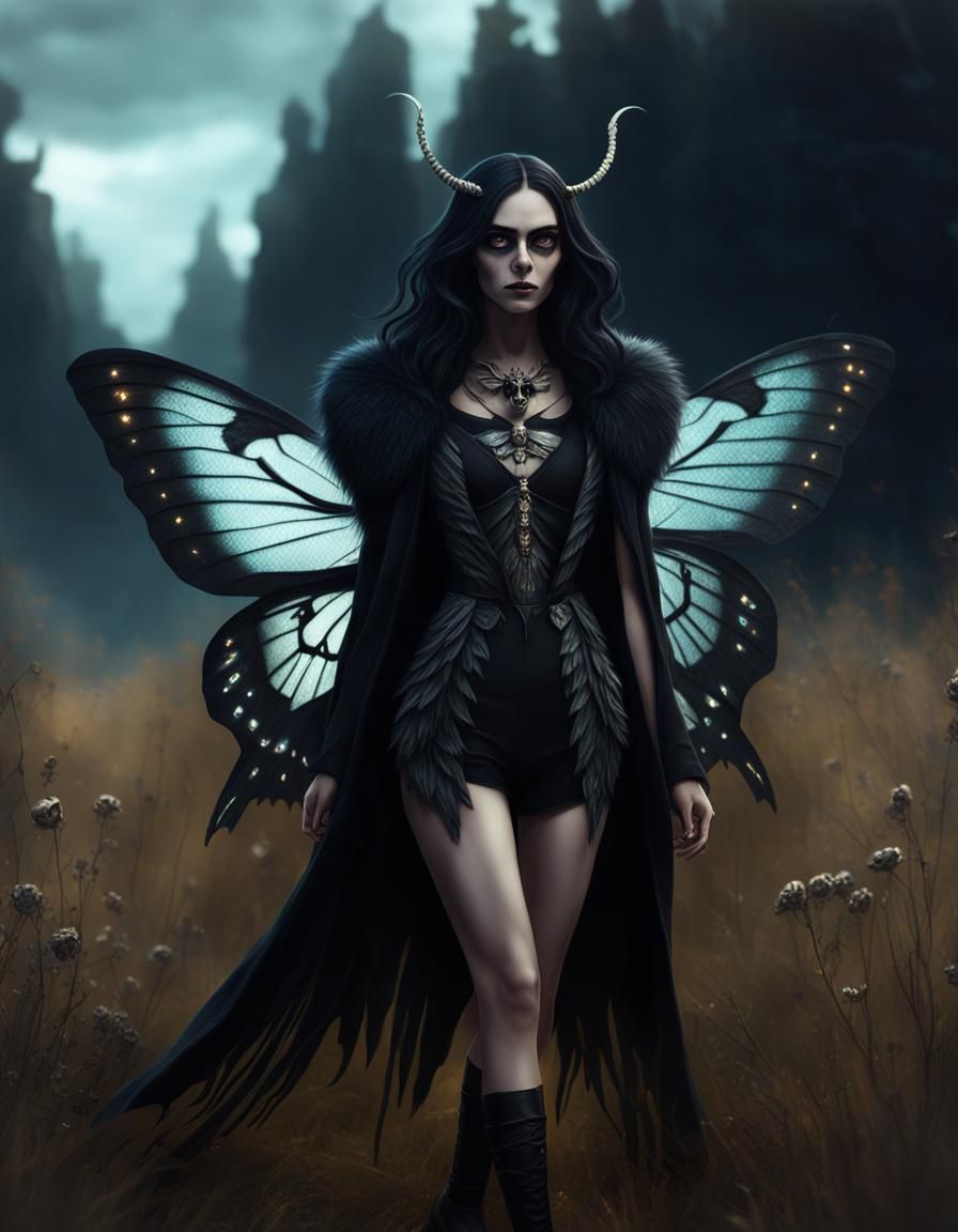 Hawk Moth Girl in Dark Fantasy Meadow