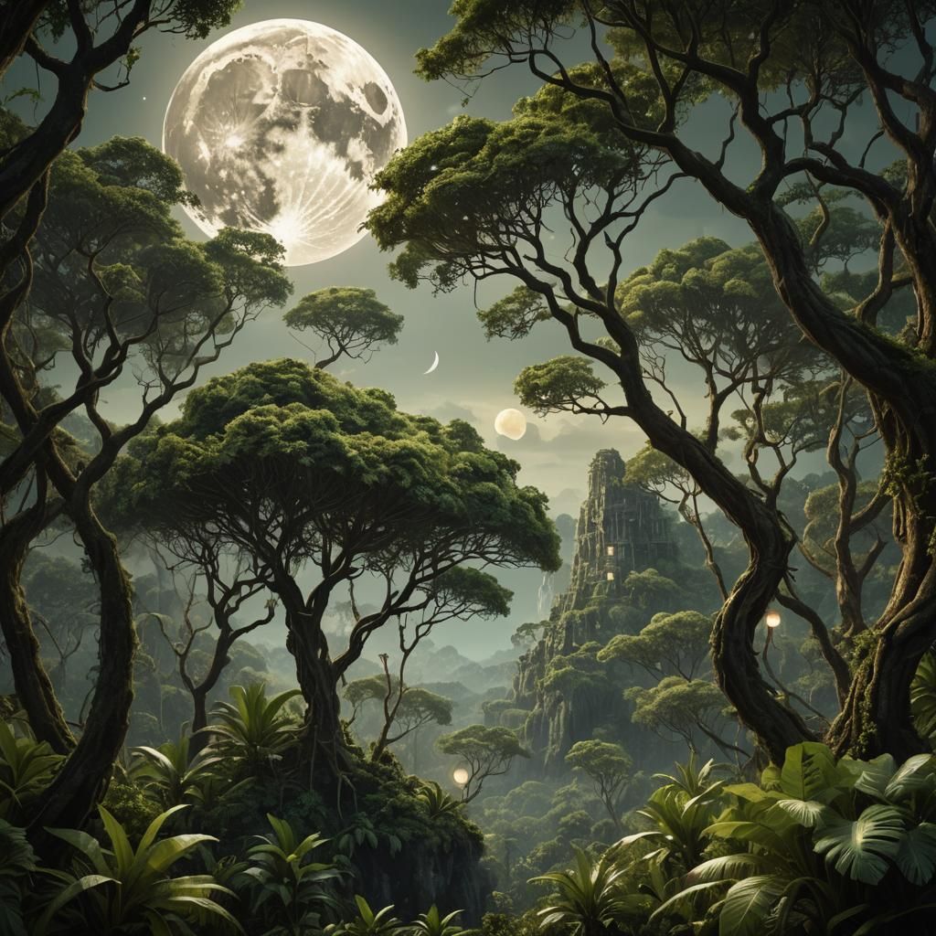 Moonrise Over Tangled Tropical Forest: Matte Painting