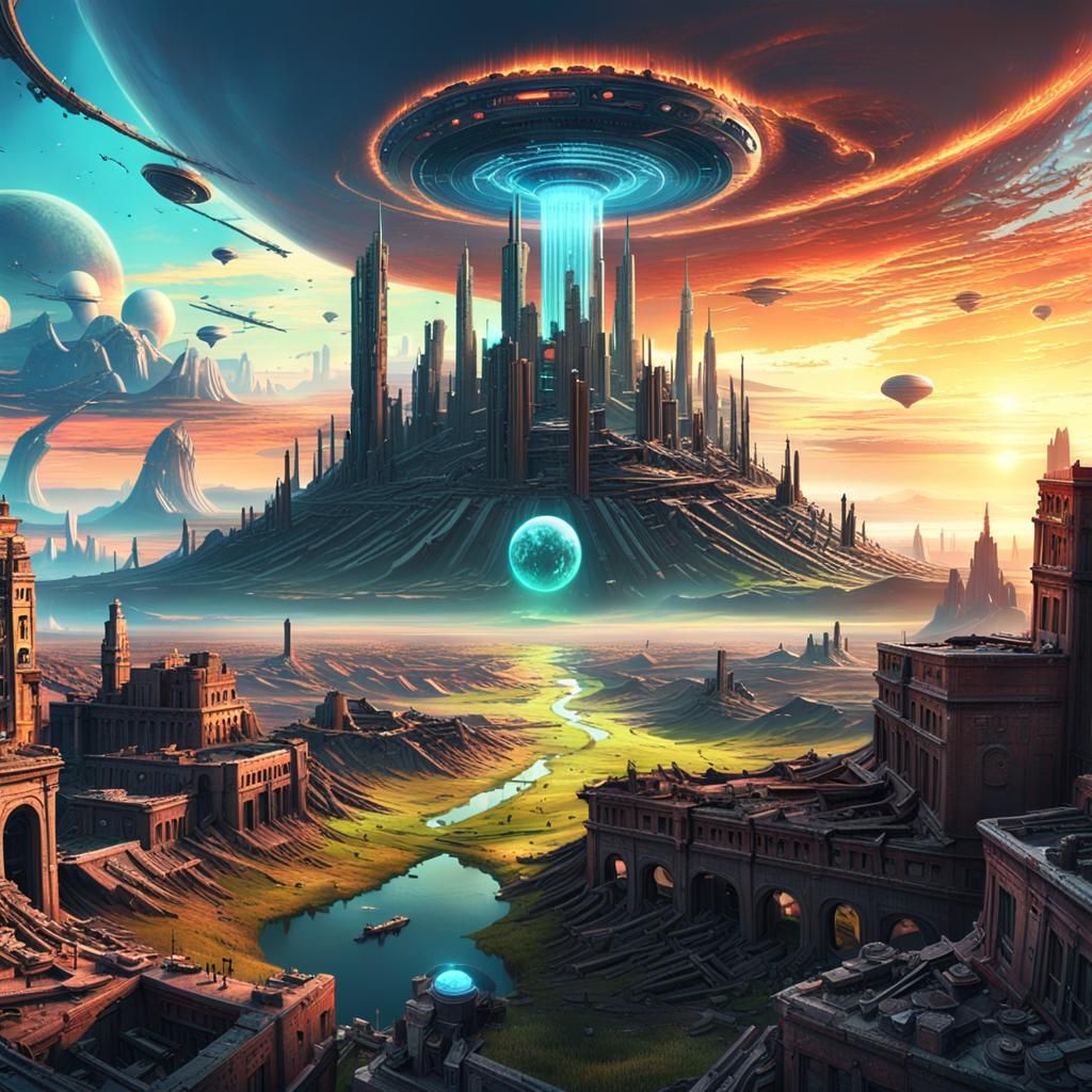 Epic Ruined Cityscape with Cosmic Wormholes