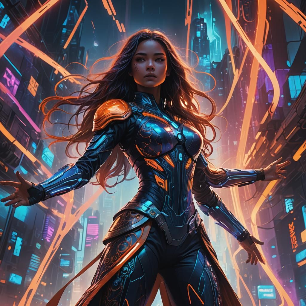 Woman in Futuristic Sci-Fi Environment with Neon Lights