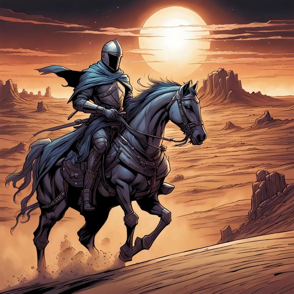 Knight Rides Through Desert Night, Comic Book Art