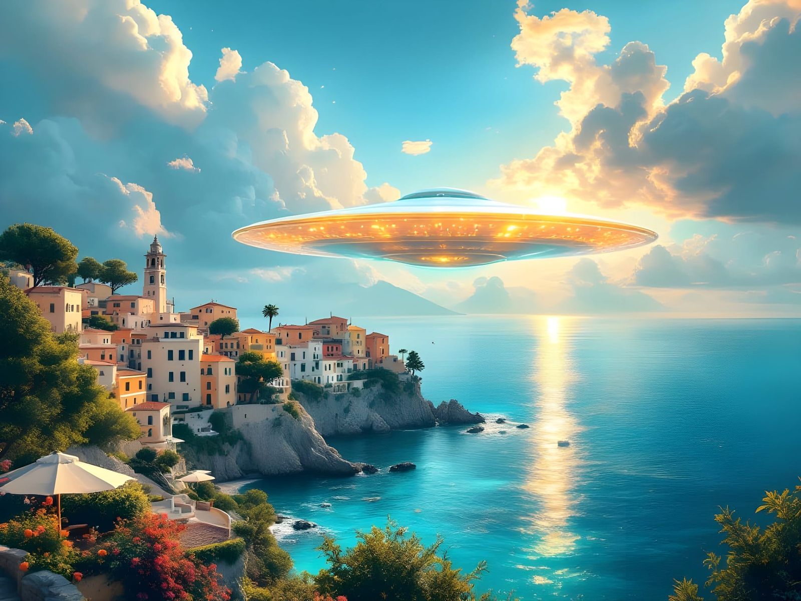 Ethereal Golden Spaceship Hovers Above Vibrant Italian Coast...