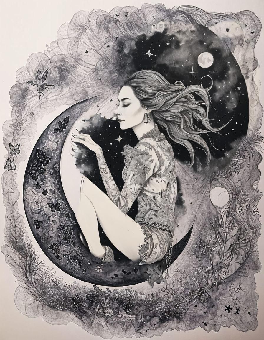 Moon Scene with Dog in Ink and Shadow Art