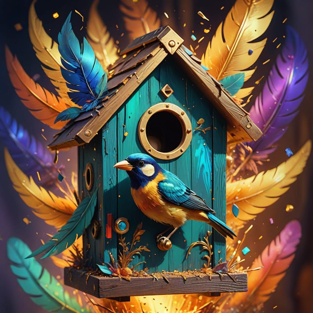 Magic Bird in Birdhouse: Surreal Oil Painting