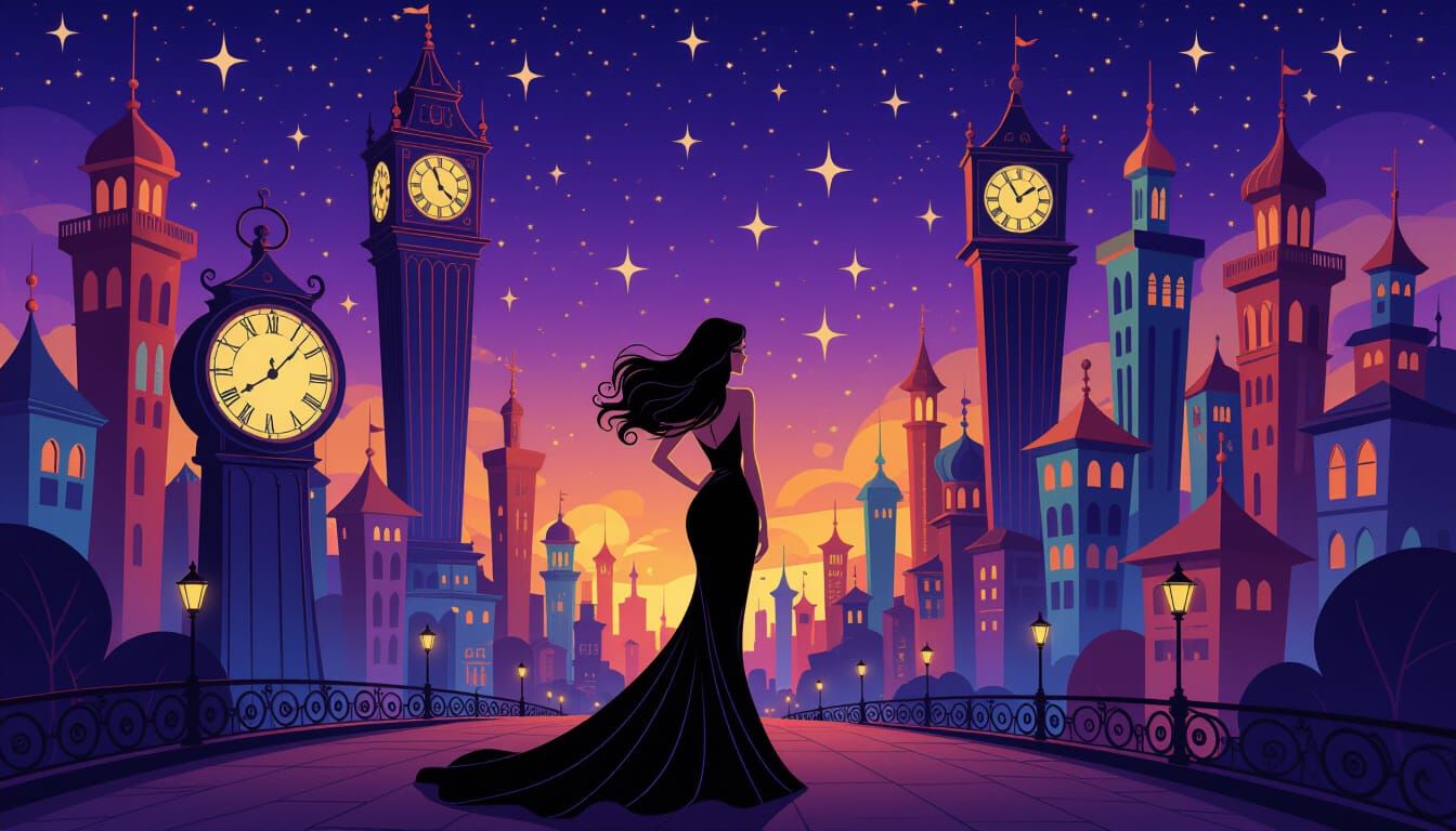 Woman in Black Dress in Whimsical Cartoon Cityscape