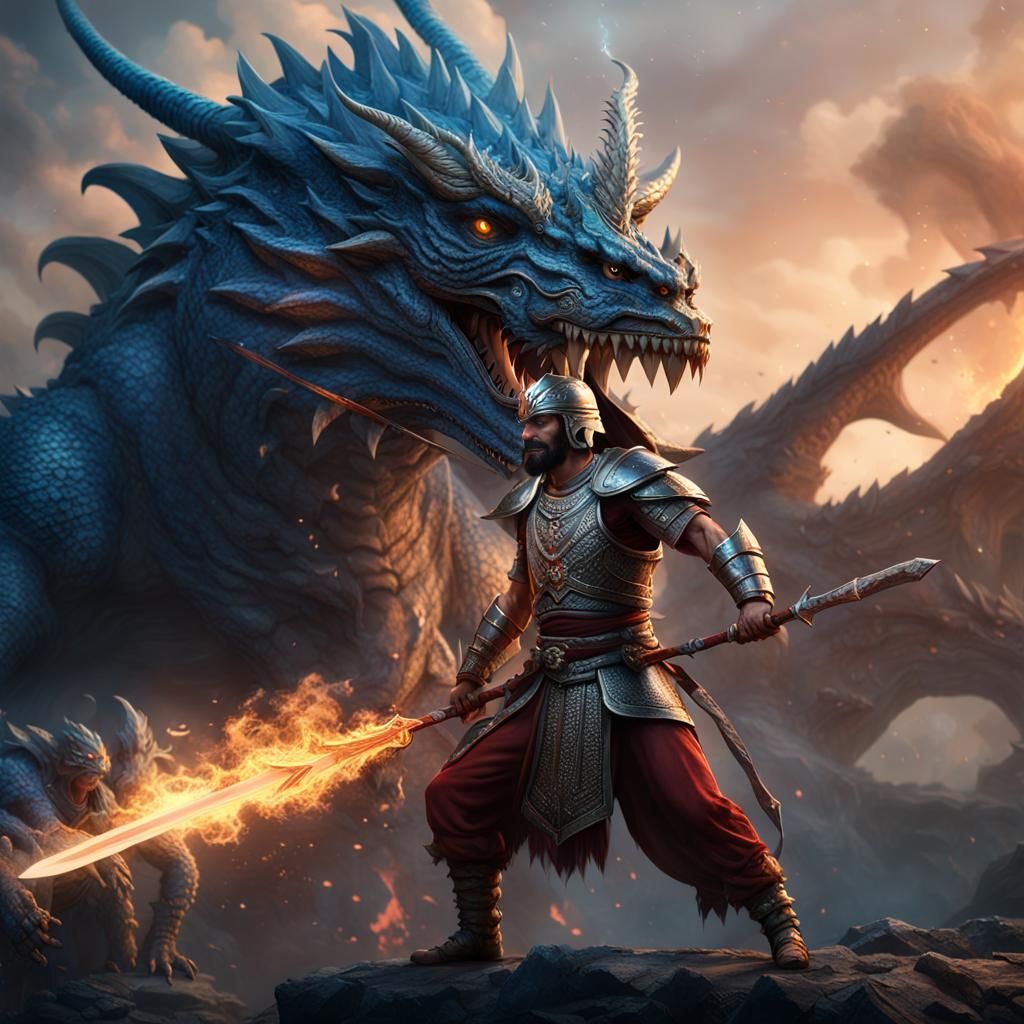 Indian Warrior Confronts Dragon in Fantasy Art