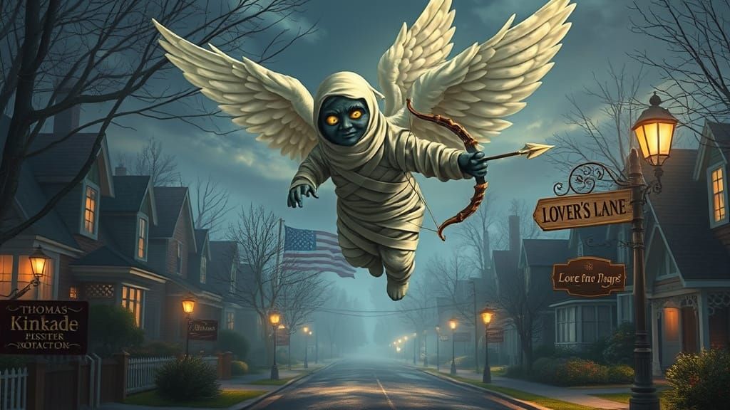 Ethereal Winged Cherub Illuminates Lover's Lane at Night