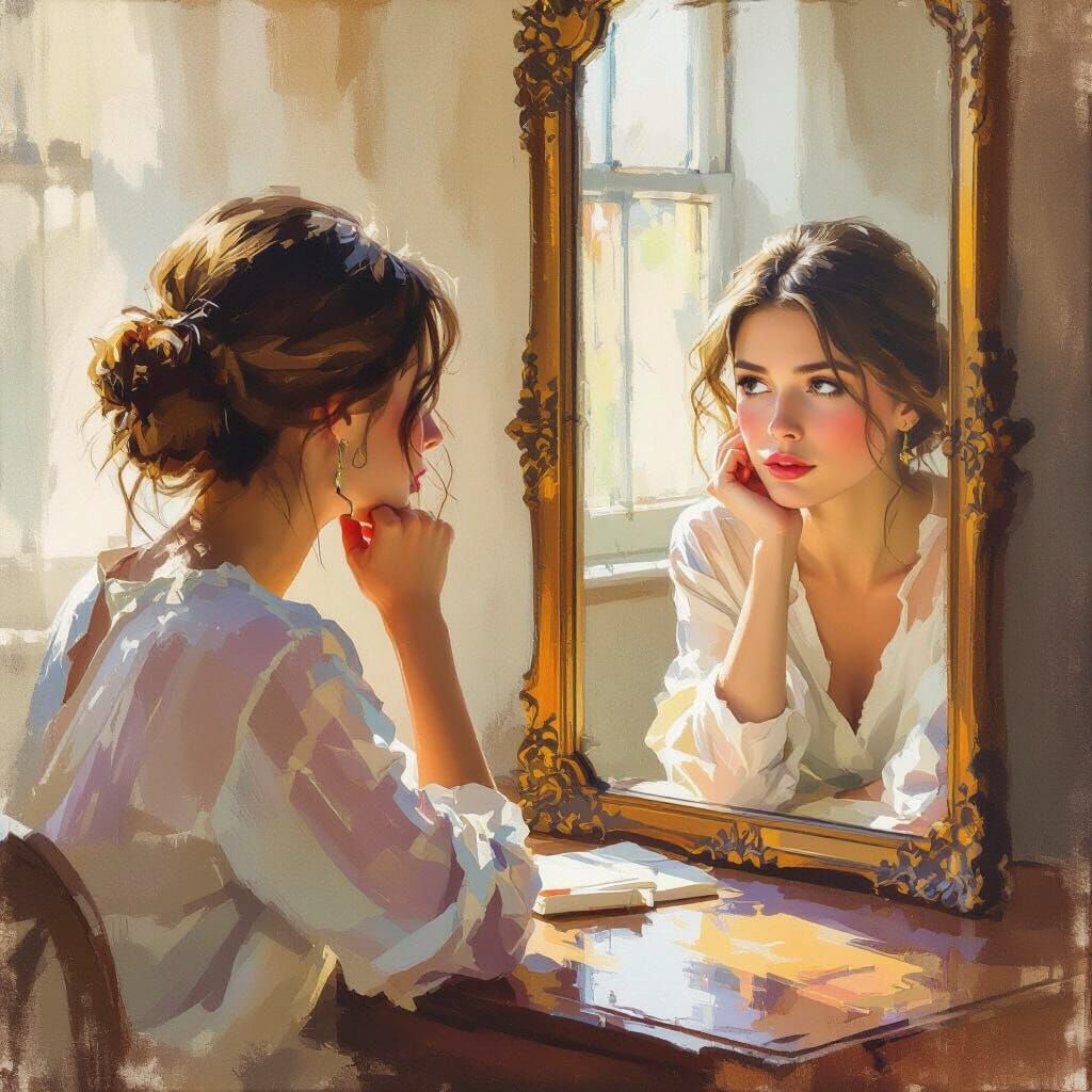 Woman Sees Older Reflection with Sadness, Realistic Impressi...