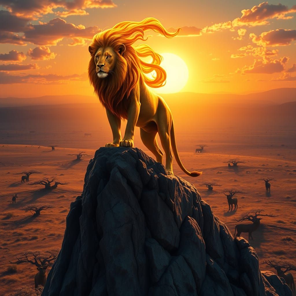 A majestic lion stands proudly atop a rocky crag, bathed in the golden light of the setting sun. The lion's mane is a sw...