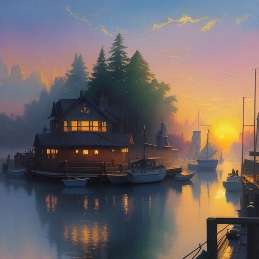 Port Town Sunset: Impressionist Gouache on Canvas