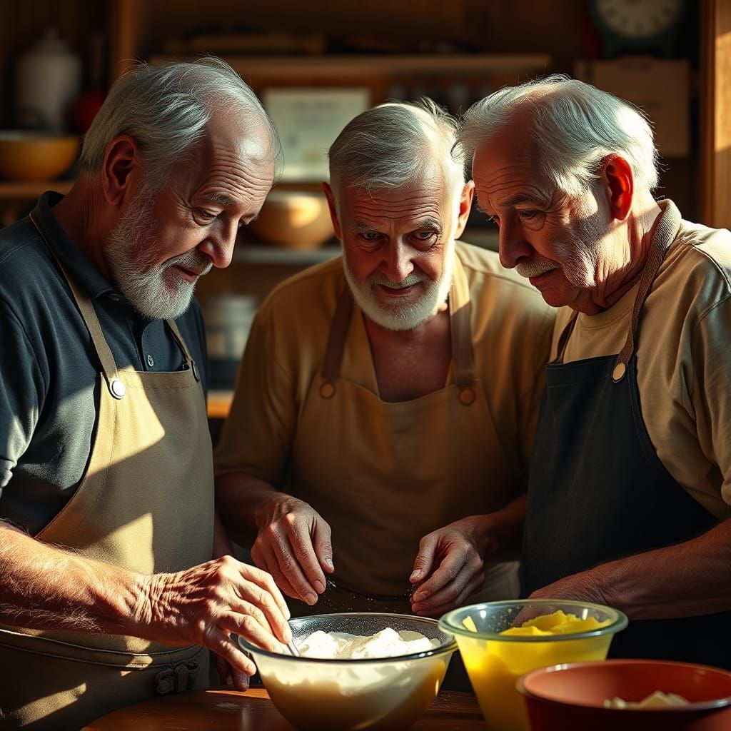 Elderly Men Baking Banana Bread: Hyper-Realistic Concept Art