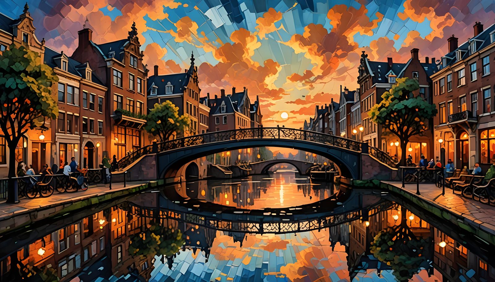Ornate Art-Nouveau Bridge over Dutch Canal at Sunset