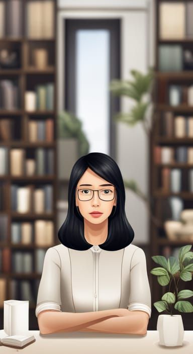 Asian Businesswoman in Classic Office: Hyperrealistic Portra...