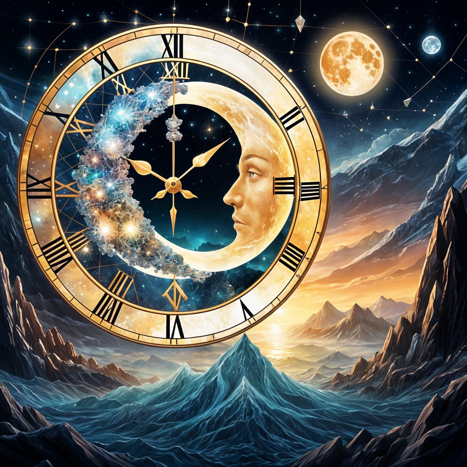 Crystalline Moon Clock with Galactic Threads