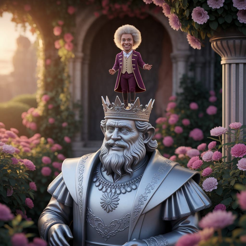 Tiny Liliputian Man in Royal Attire Stands atop Majestic Sta...