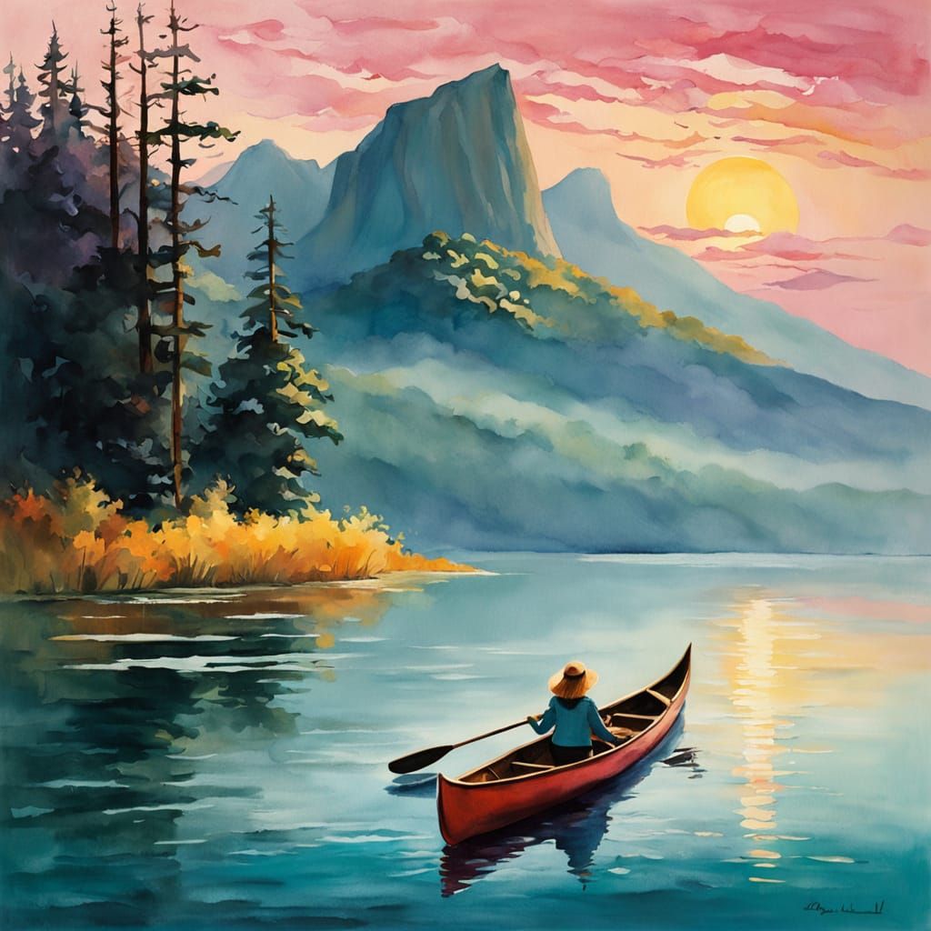 Canoeing on morning glacial waters.