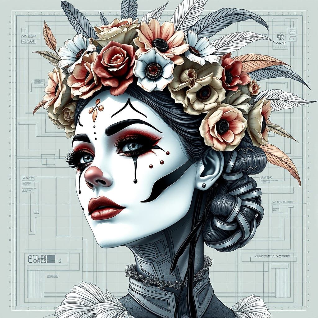 Elegant Futuristic Clown Queen in Floral Crown