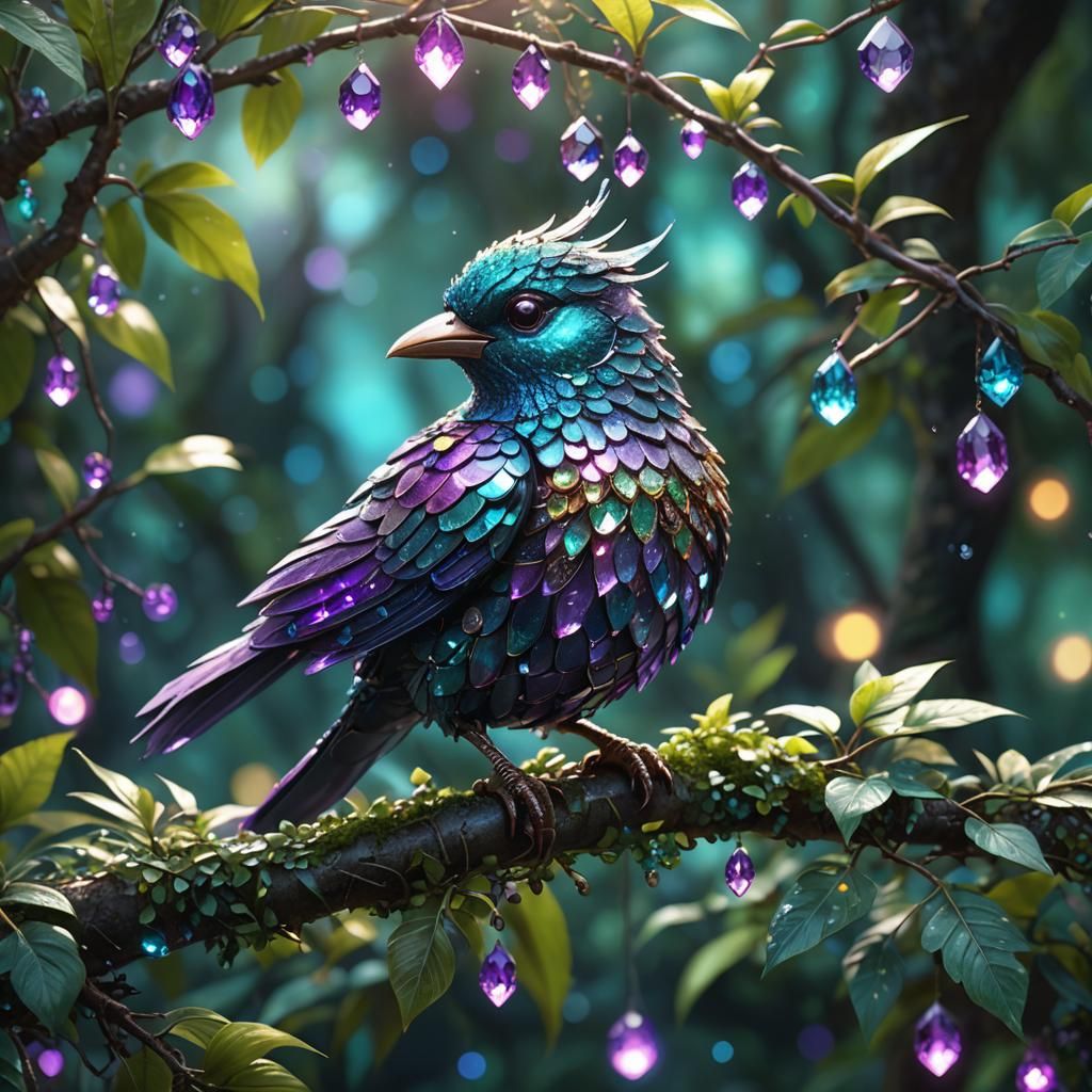 Jeweled Bird Perched in Lush Greenery: Anime Fantasy