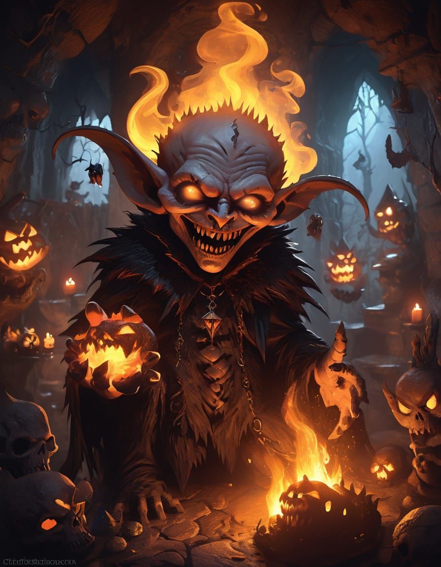 Mischievous Imp Juggles Flaming Skulls in Dark Fantasy Taver...