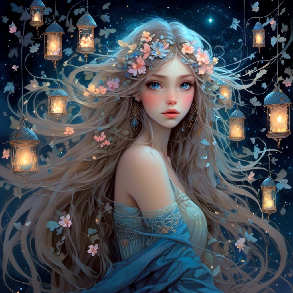 Beautiful Fairy Girl with Cosmic Lanterns