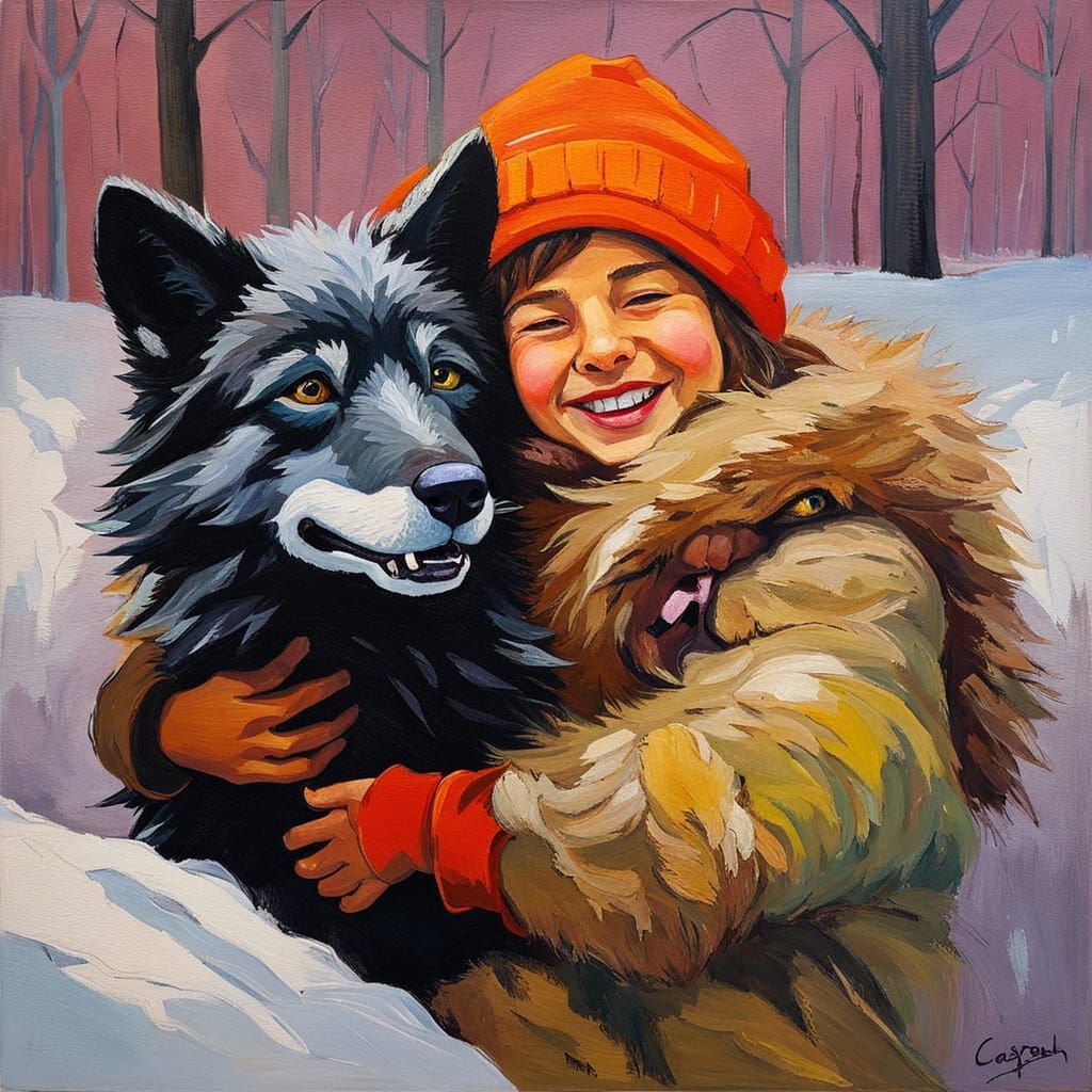 Child and Wolf Pup in Snowy Landscape Painting