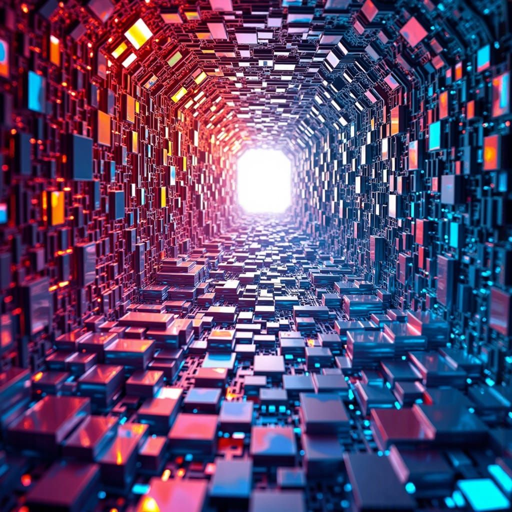 Interconnected Crystalline Realm in Vibrant Op Art Style