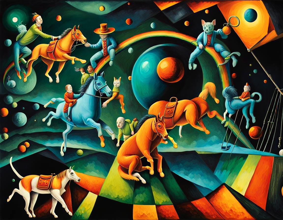 circus scene ring, trapeze artists, clowns, trained horses a...