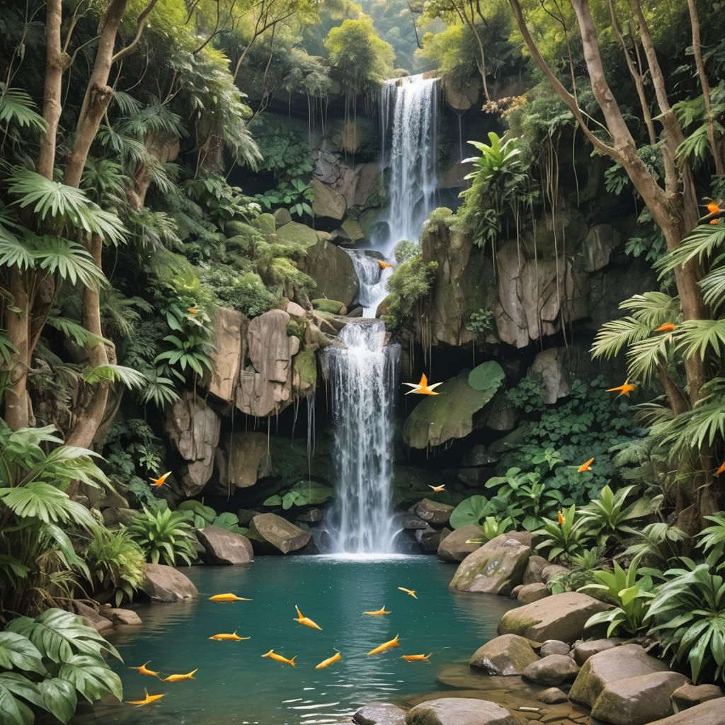 Secluded Waterfall Scene with Swimming Couple