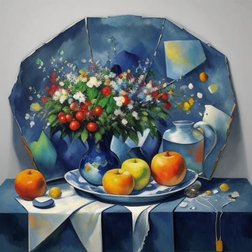 Cubist Still Life with Violin, Fruit, and Bottle