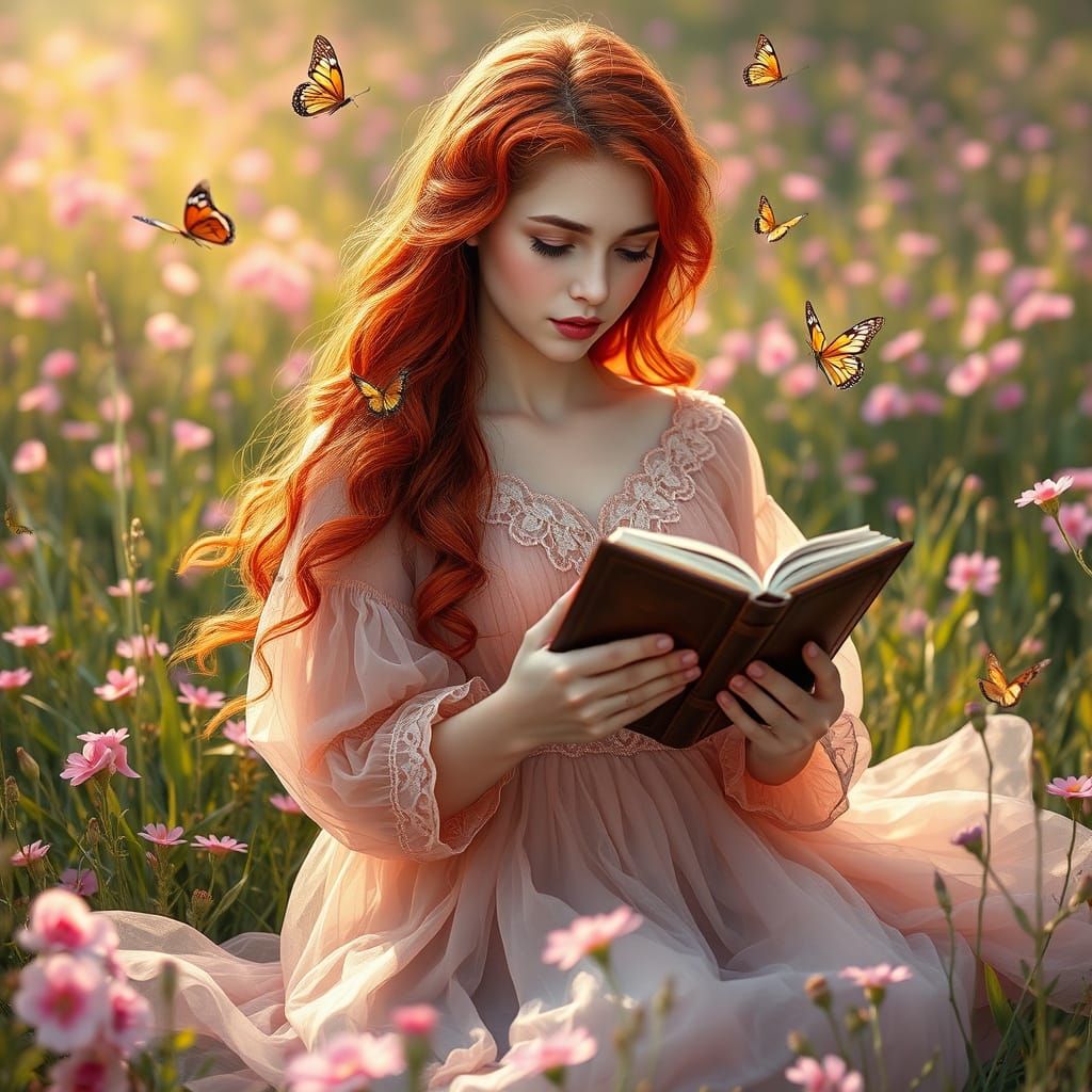Ethereal Whimsy: Young Woman Surrounded by Butterflies and F...