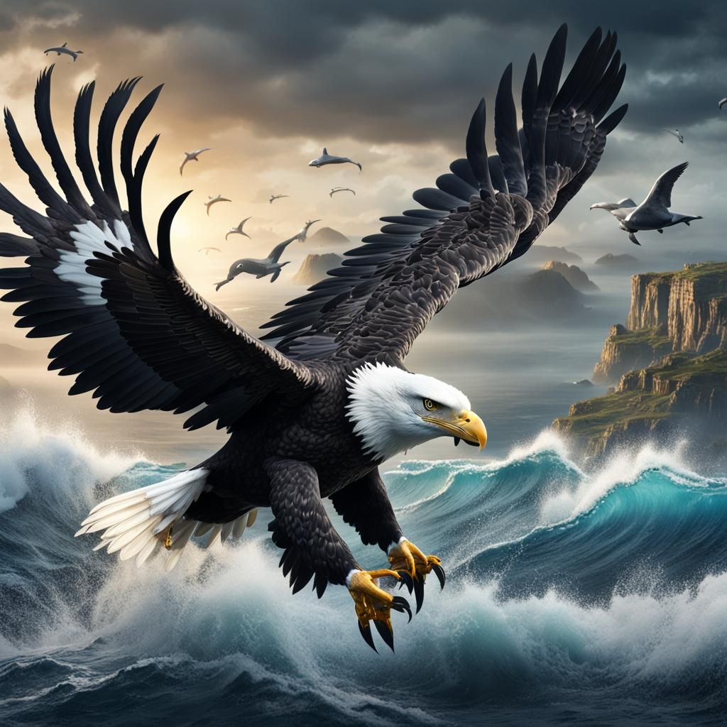 Eagle Hunting Over Ocean, Fantasy Concept Art