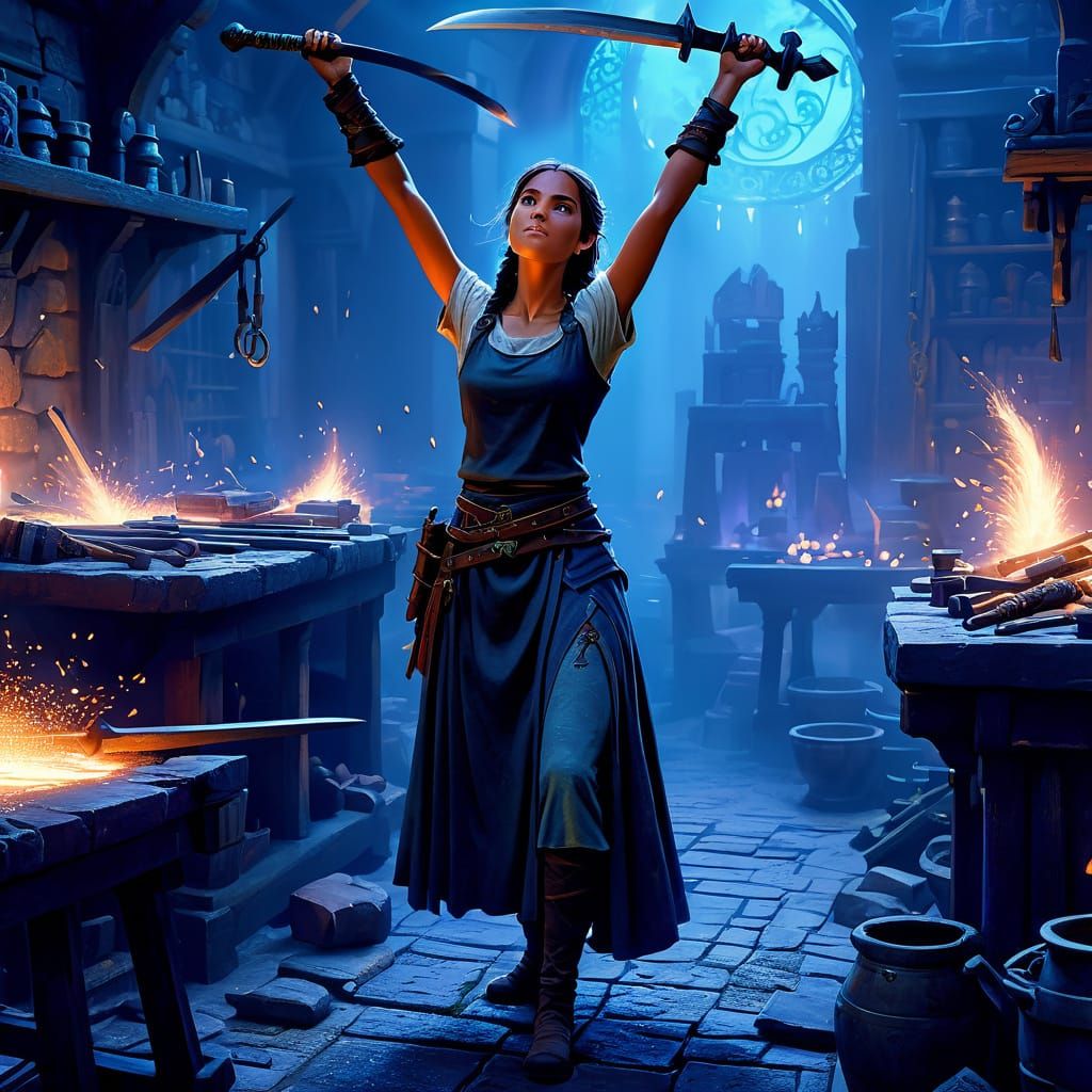 Female Blacksmith Forges Runed Sword in Magical Forge