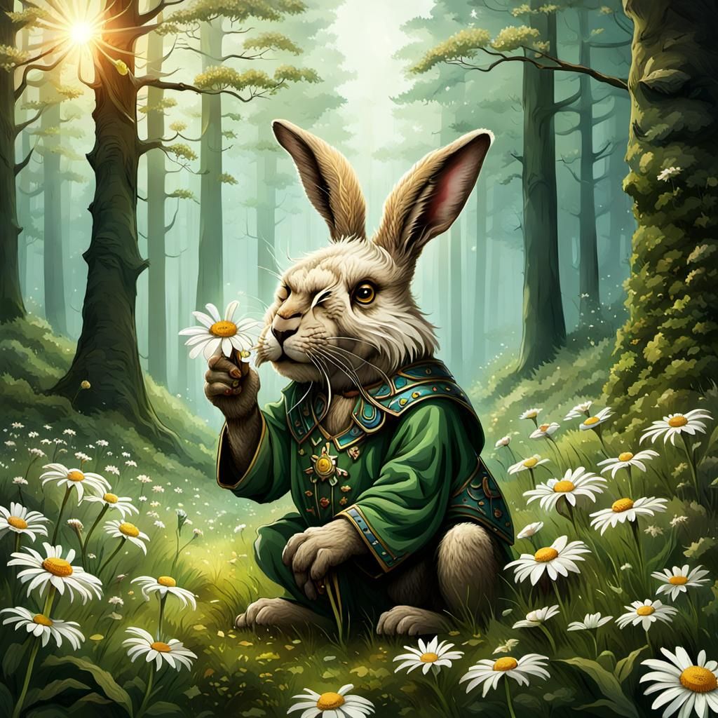 Forest Guardian Shares Daisy with Rabbit