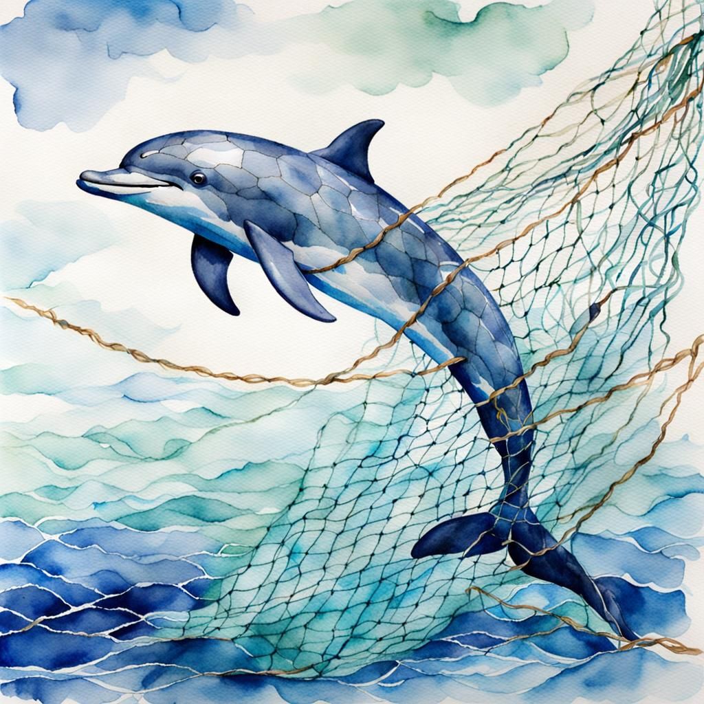 Watercolor Dolphin Entangled in Net