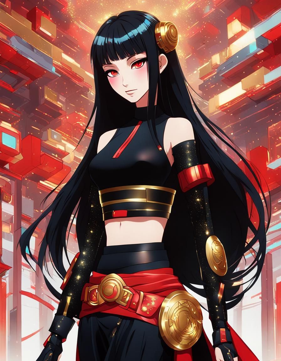 Elegant Animated Character with Mech-Dragon, Holographic Shi...