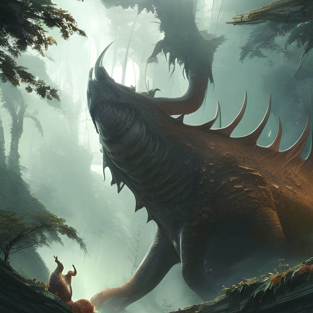 Monster Roaring in Jungle City: Fantasy Art