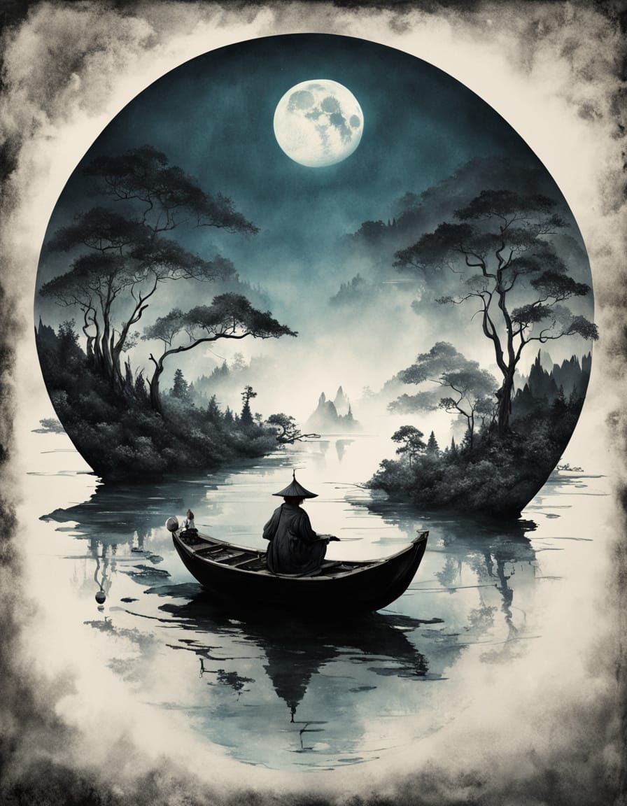 Mysterious Figure Approaches Misty Island in Sumi-e Style