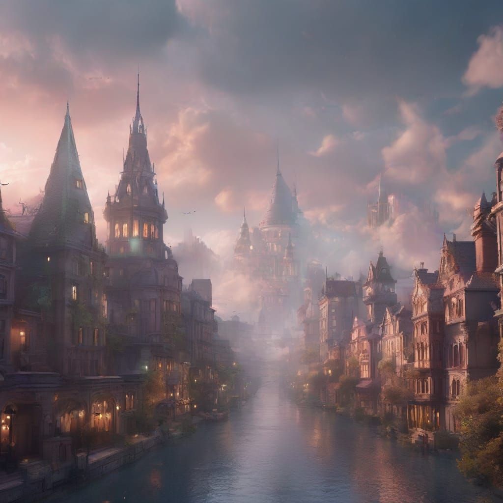 Whimsical Floating Cityscape in Dreamy Surrealism