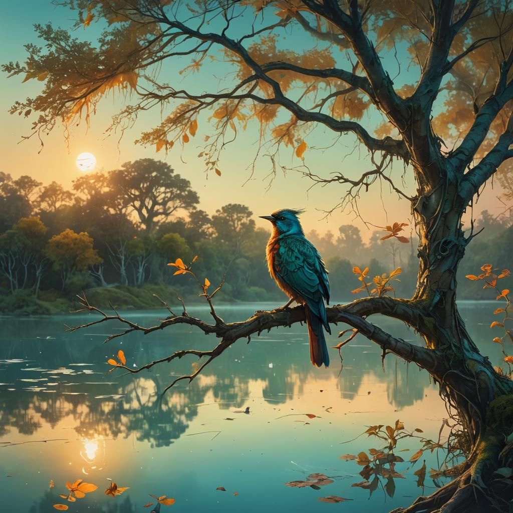 Bird on Branch at Sunset: Fantasy Digital Art