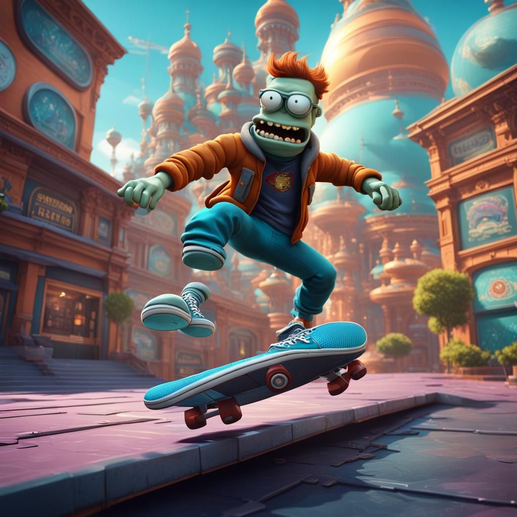 Futurama Kickflip in Detailed Digital Art Style