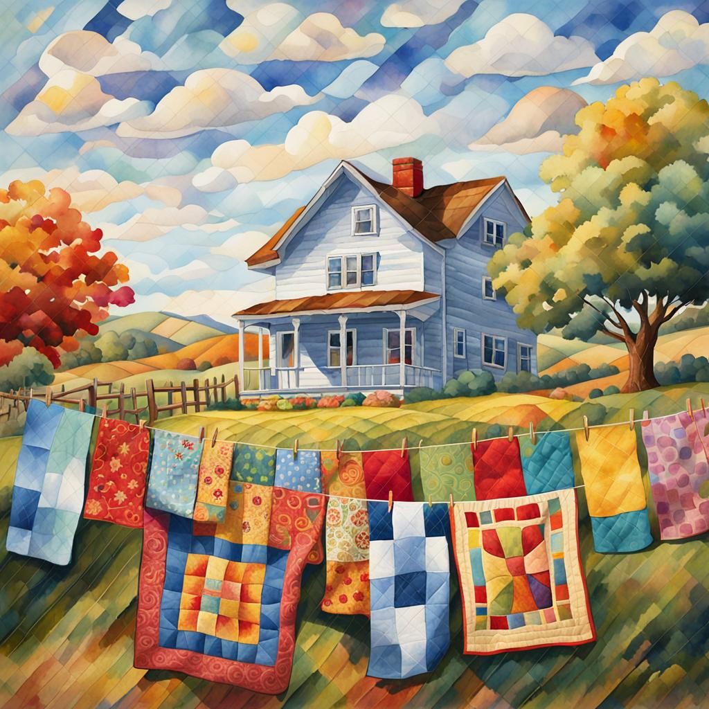 Vibrant Folk Art Quilt on a Clothesline