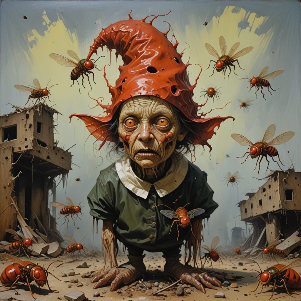 Grotesque Visage Emerges from Swarm of Flies as Oil Painting