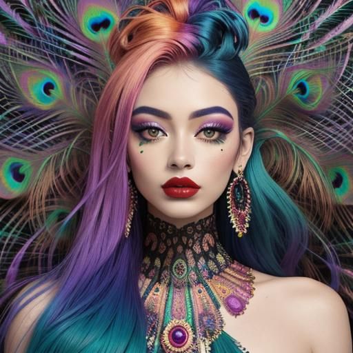 Woman with Rainbow Skin and Peacock Feathers