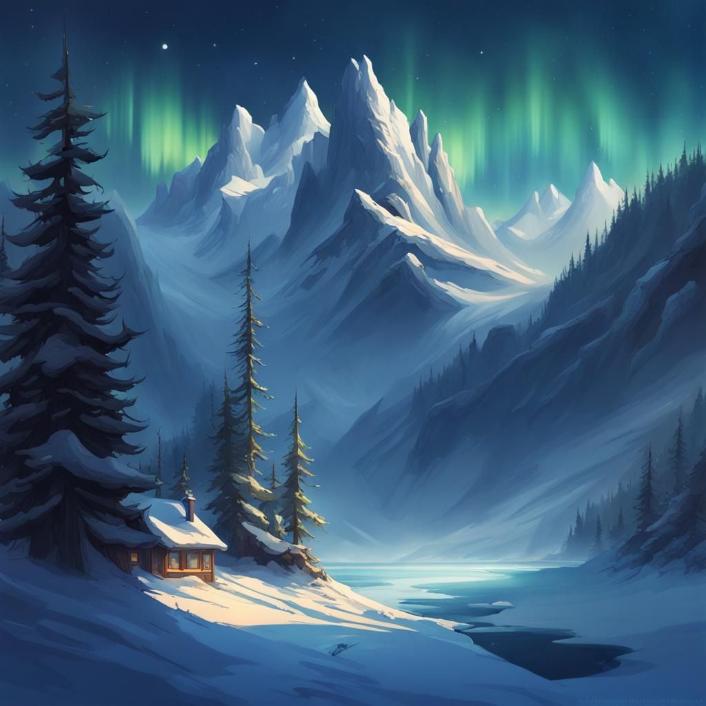 Northern Lights Over Snowy Mountains in Hyperdetailed Style